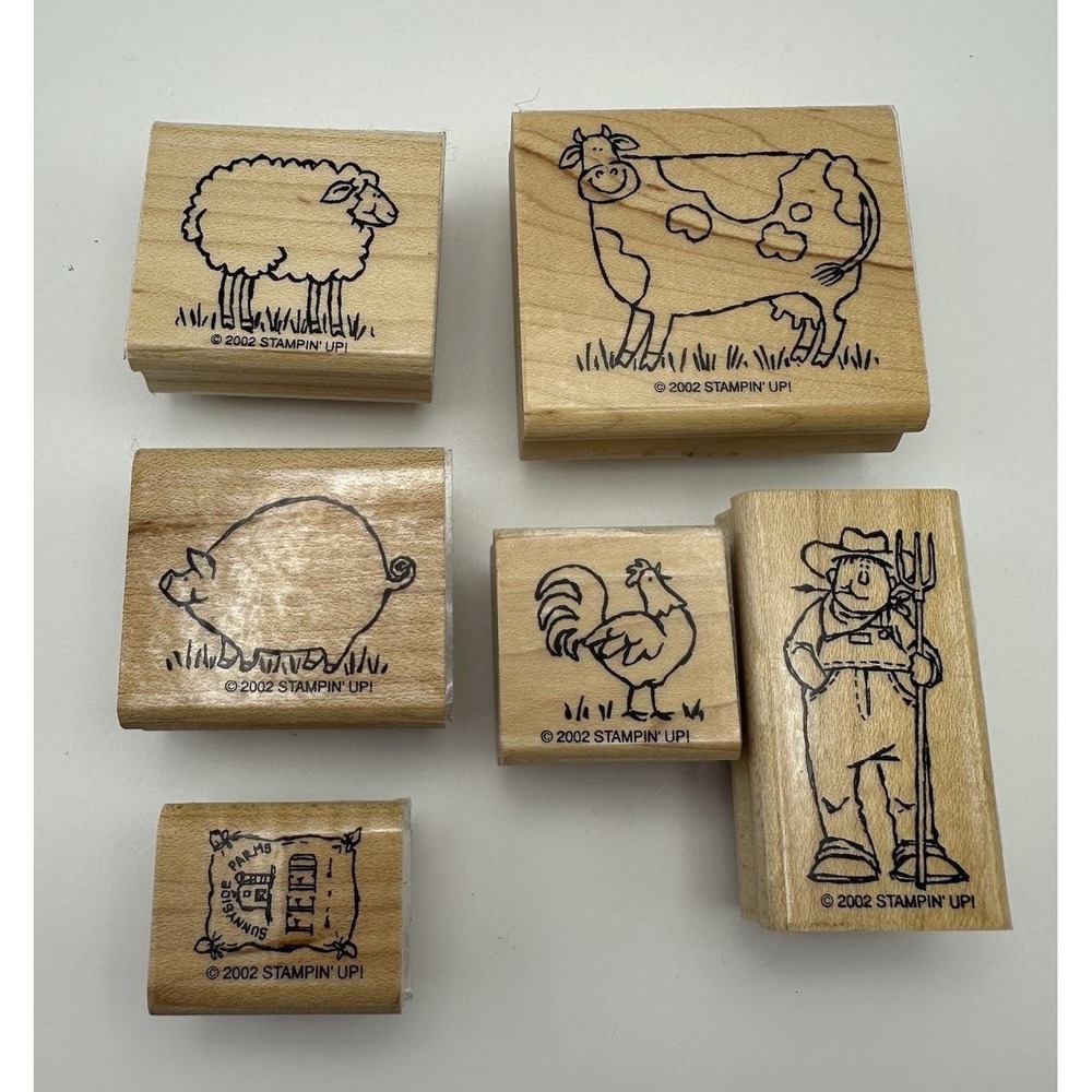 Stampin' Up! On The Farm Set Wood Mount Rubber Stamp Lot Of 6 Vintage 2002‎ New